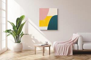 Bright room, white sofa with blanket, coffee table, painting on the wall, pot with green plant photo