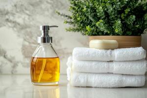 bottle of liquid soap, folded white towels and green plant in a pot, light marble background photo