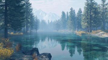 Morning lake with clear water in a forest photo