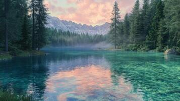Morning lake, clear water in a pine forest photo
