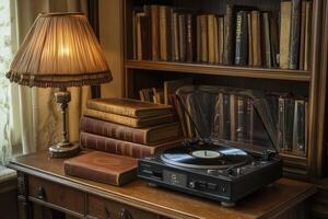 antique desk with a turntable, several records nearby. On the shelf are old books and antique lamp photo