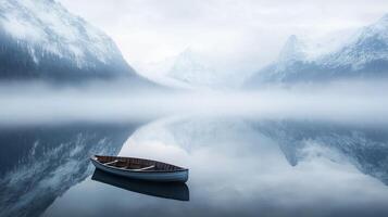a boat in the middle of a clear pond in the fog in the middle of the mountains photo