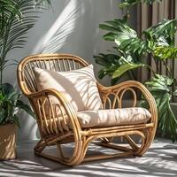 Lightweight rattan wicker chair in natural light brown with colored cushions photo