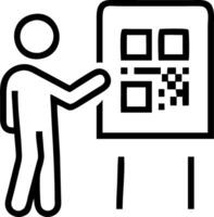 Employee scanning QR code on digital device in smart office with digital signage in background Set A vector