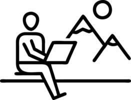 Businessman working on laptop in natural setting with mountains in background Set A vector