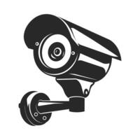 Black and white image of a security camera. The camera is positioned on a wall and has a black vector