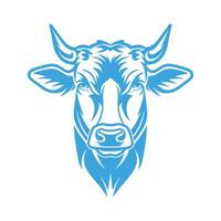 Cow with horns is shown in blue. The cow has a big, wide mouth and a small, pointed nose vector