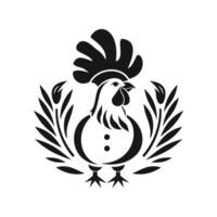 Black and white drawing of a chicken with a hat on. The chicken is surrounded by leaves vector