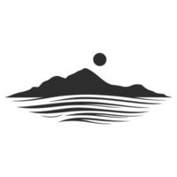 Mountain range with a body of water in the foreground. The sun is setting in the background vector