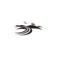 The image is a black and white drawing of a river with a few birds flying over it vector