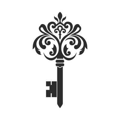 Key with a flower design on it. The key is black and white. The flower design is intricate