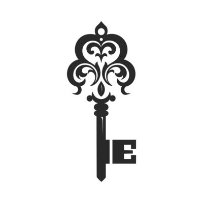 Key with a flower design on it. The key is black and the flower design is white
