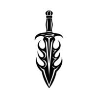 Black and white tattoo of a sword with flames on it. The sword is the main focus of the image vector