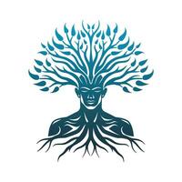 Tree with a woman's face on it. The tree is surrounded by roots and branches vector