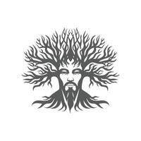 Man's face is intricately carved into the trunk of a tree, with the branches surrounding the trunk vector