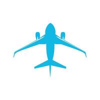 Blue airplane is flying in the sky. The airplane is the main focus of the image. The sky is clear. vector