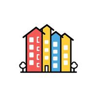 Colorful building with three stories and a red roof. The building is surrounded by trees vector