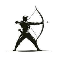 Man is standing with his bow and arrow, ready to shoot an arrow. He is focused and determined vector