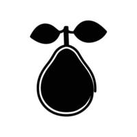 Black and white drawing of a pear with a leaf on top. The pear is sitting on a white background vector