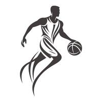 Basketball player is running with a basketball. The image is black and white vector
