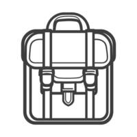 Black and white drawing of a backpack with a strap. The backpack is open vector