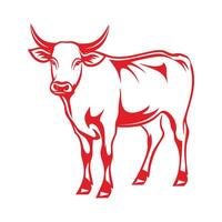 Red cow with horns stands in front of a white background. The cow is the main focus of the image vector
