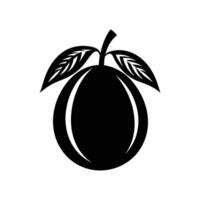 Black and white image of a fruit with a leaf on top. The fruit is a plum vector