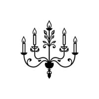Black and white image of a chandelier with four candles. The candles are lit vector