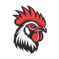 Cartoon chicken with red feathers and a red beak. The chicken has a menacing look on its face vector