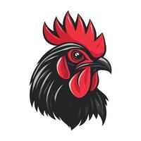 Cartoon chicken with a red beak and red comb. The chicken has a black face and a black body vector