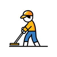 Man in an orange shirt and blue pants is cleaning a floor with a broom. The image has a cheerful vector