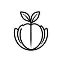 Black and white drawing of a peach with a leaf on top. The peach is surrounded by a green leaf vector