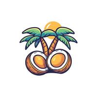 Drawing of a coconut with a palm tree in the background. The coconut is cut in half vector