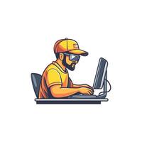 Man in a yellow shirt is sitting at a desk with a computer. He is wearing a baseball cap vector