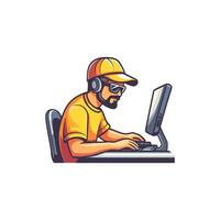 Man in a yellow shirt is sitting at a computer desk, typing on a keyboard and using a mouse vector