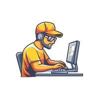 Man in a yellow shirt is sitting at a desk with a computer and keyboard. He is wearing a hat vector
