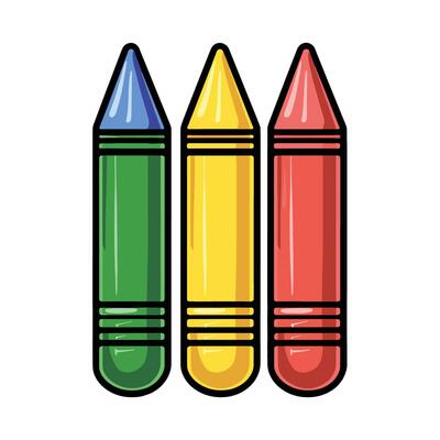 Three crayons are shown in a row, with the middle one being yellow. The colors are bright