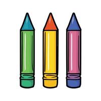 Three crayons are shown in a row, each with a different color. The colors are green, red, and blue vector