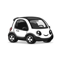 Cartoon car with a smiling face is parked on a white background. The car is small vector