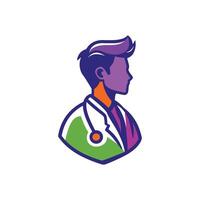 Man in a white lab coat with a stethoscope. The man is wearing a green shirt vector