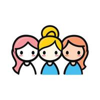 Three cartoon girls are standing next to each other. They are smiling and looking at the camera vector