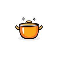 Cartoon drawing of a pot with a lid on top. The pot is orange and has a shiny surface vector