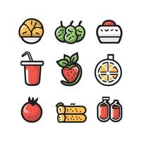 Set of food icons including a strawberry, a tomato, a slice of cake, a cup of juice, and a bottle vector