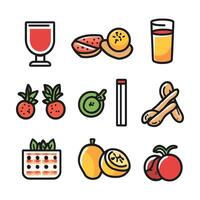 Set of food and drink icons, including a glass of wine, a cup of juice, and a plate of food vector