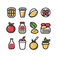 Set of food icons including a bottle of juice, a cup, a banana, a strawberry, and a cake vector