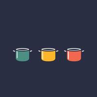 Three pots of different colors are shown on a dark background. The pots are arranged in a row vector