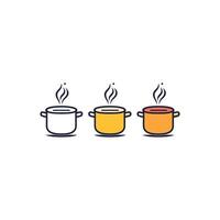 Three pots of different colors with steam coming out of them. The pots are arranged in a row vector