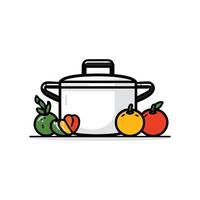 White pot with a variety of fruits and vegetables inside. The fruits include apples, oranges vector