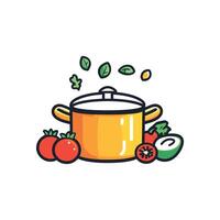 Yellow pot with vegetables in it. The vegetables include tomatoes, cucumbers, and peppers vector