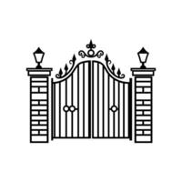 Black and white gate with a wrought iron design. The gate is surrounded by pillars vector